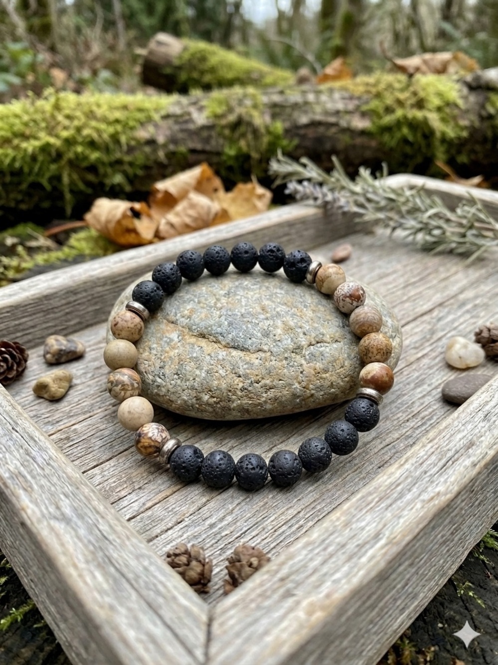 Unisex Natural Lava Rock & Picture Jasper Beaded Stretch Bracelet - 8mm